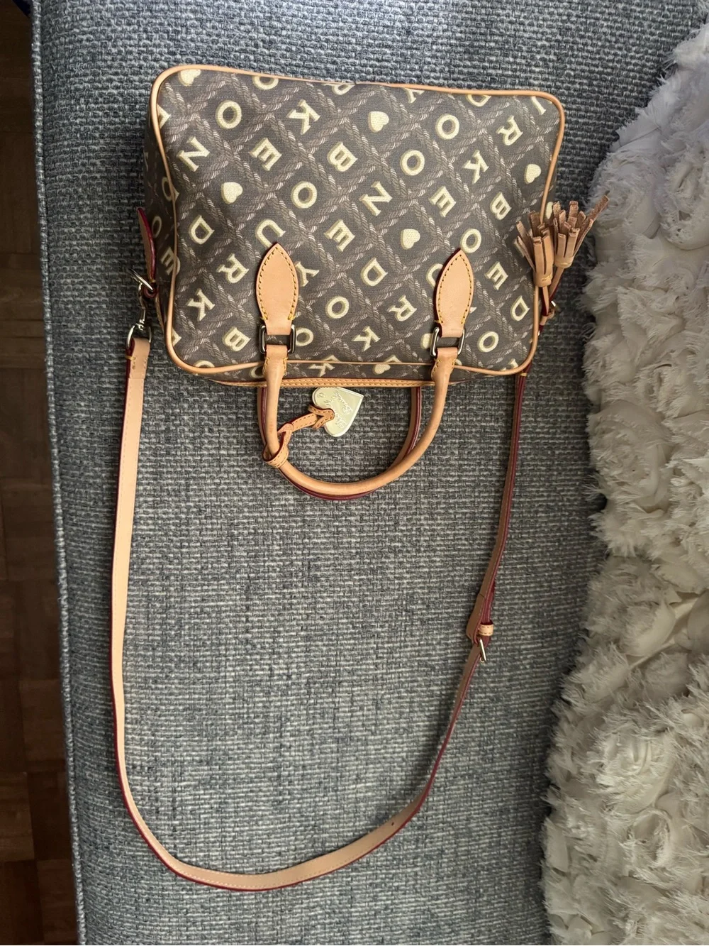 New -Dooney & Bourke Samuela Small Suitcase Satchel Crossbody Brown Monogram EUC